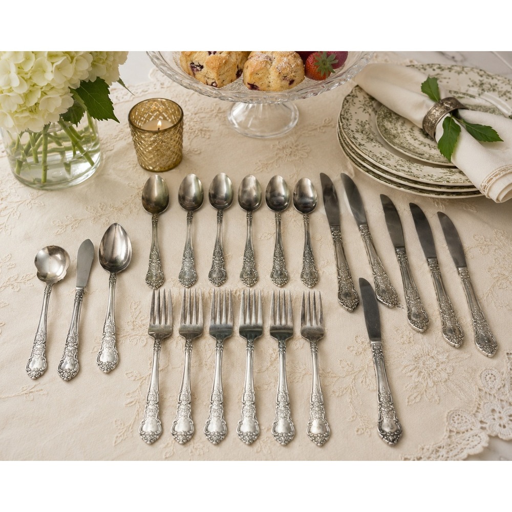 Vtg National Stainless Flatware Set 22pc Silverware Rose Floral Pattern Korea